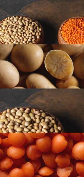 Collage Raw Organic Soybeans Lentils — Stock Photo, Image