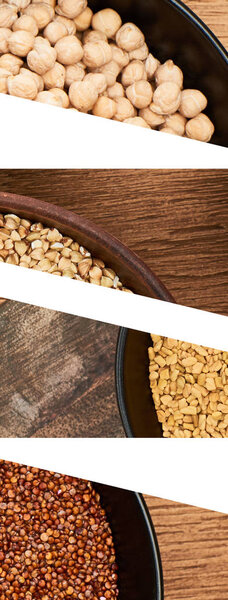 collage of different organic groats on wooden surface isolated on white