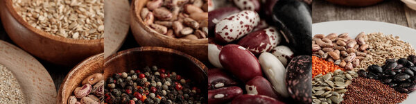 коллаж из различных круп на деревянном деревенском столе
