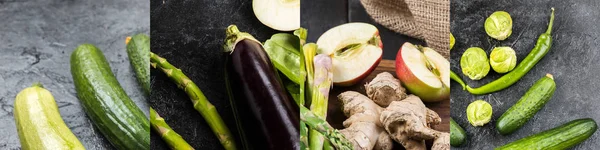 Collage Green Fresh Vegetables Dark Background — Stock Photo, Image