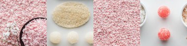 Pembe banyo tuzu kolajı, şeker fırçası topları ve beyaz arka planda doğal bez.