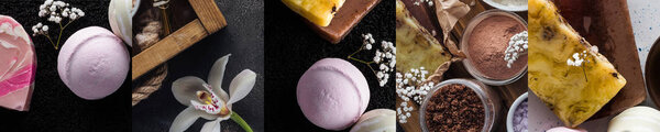 коллаж из органической соли для ванн, банных бомб и красочного мыла рядом с цветами на тёмном фоне
