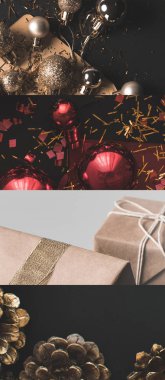 Parlak Noel mücevherleri, koniler ve paketlenmiş hediyeler kolajı.
