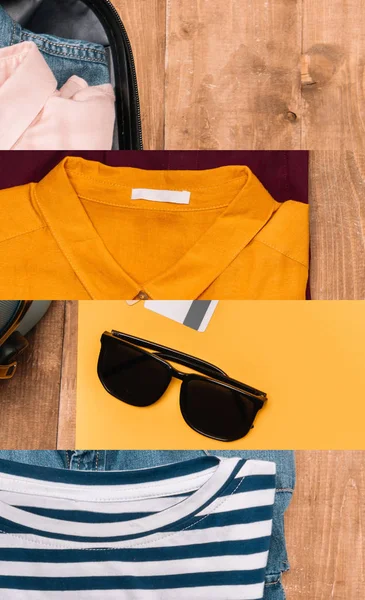 parlak giysili bavul kolajı ve tahta yüzeyde güneş gözlüğü, seyahat konsepti