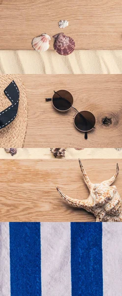 Collage Striped Towel Sunglasses Straw Hat Seashells Wooden Sand Background — Stock Photo, Image