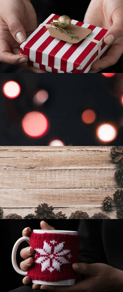 collage of woman holding Christmas gift and mug with snowflake, bokeh lights and cones on wooden table