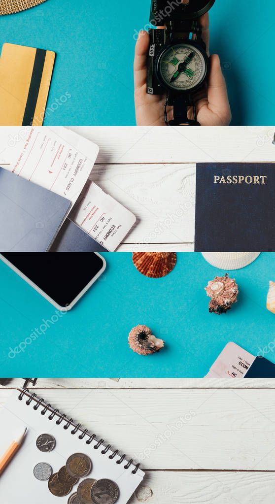 collage of passports with boarding passes, seashells, money, smartphone, compass in female hand and notebook with pencil on blue and wooden white background, travel concept