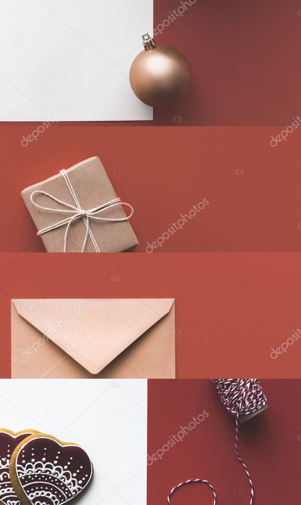 collage of Christmas bauble, gift, envelope, thread and heart cookies on white and brown background
