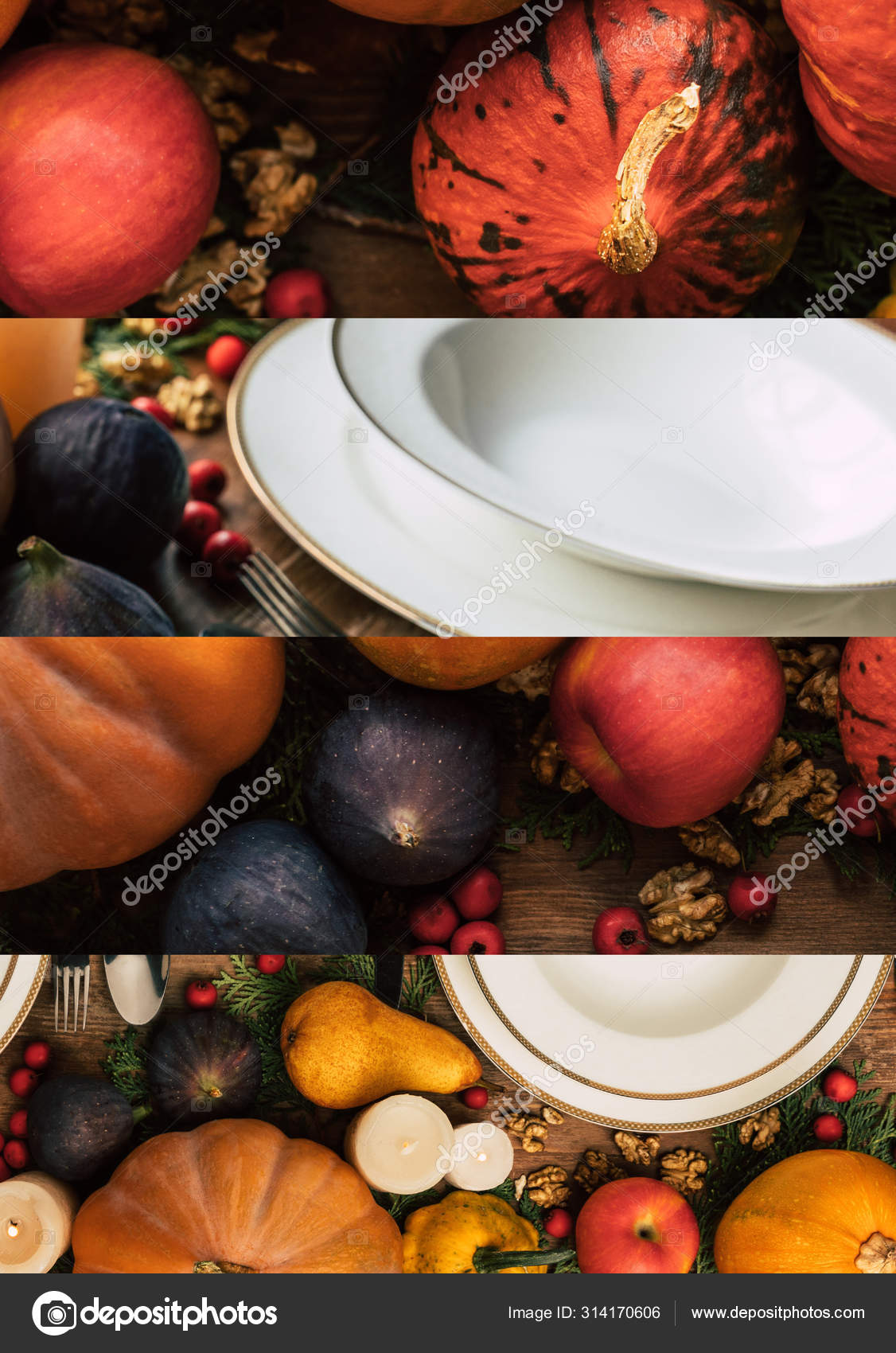 Collage White Ceramic Plates Pumpkins Apples Nuts Figs Thanksgiving