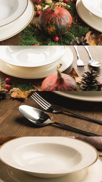 collage of white ceramic plates, cutlery, fir, cones among pumpkins on wooden table, Thanksgiving festive table setting