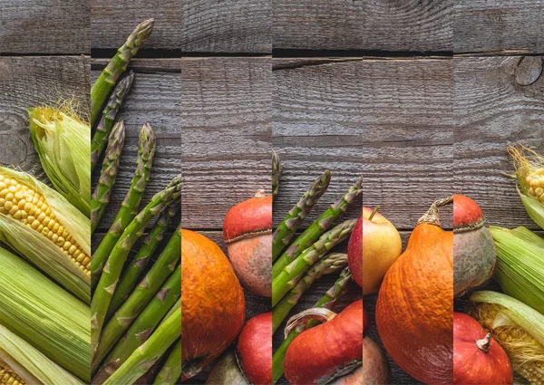 Collage de espárragos crudos naturales maduros, calabaza y maíz sobre mesa de madera - foto de stock