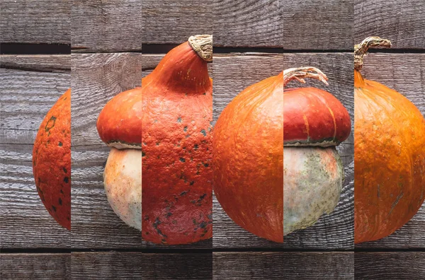 Collage of ripe orange natural pumpkin on wooden table — Stock Photo