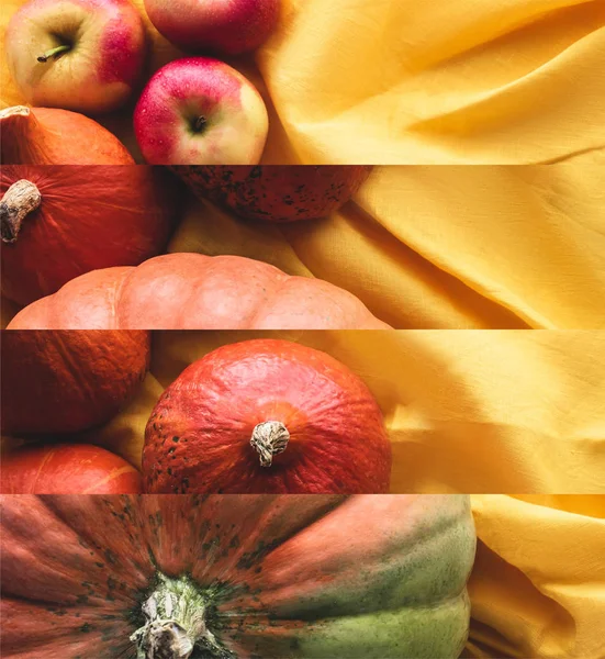 Collage de citrouille naturelle orange mûre et de pommes sur tissu jaune — Photo de stock