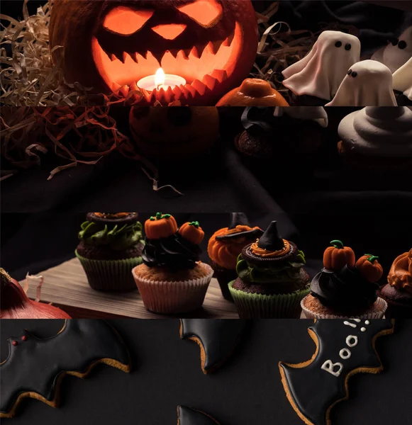 Collage aus traditioneller Halloween-Dekoration, Fledermauskeksen und Cupcakes — Stockfoto