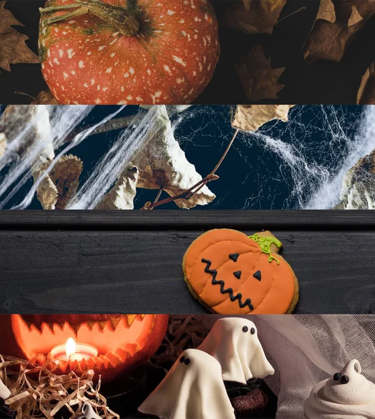 Collage aus traditionellem Halloween-Kürbis, Spinnennetz, trockenen Blättern und Geistern — Stockfoto