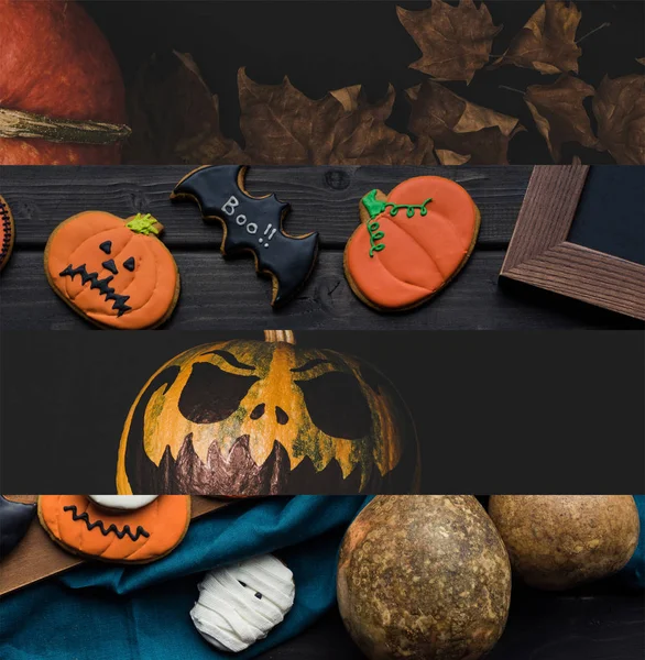 Collage aus traditionellen Halloween-Plätzchen, Kürbis und herbstlich trockenen Blättern — Stockfoto
