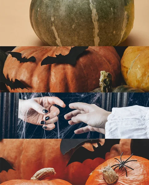 Collage de calabazas tradicionales de Halloween con murciélagos decorativos y manos de la gente - foto de stock