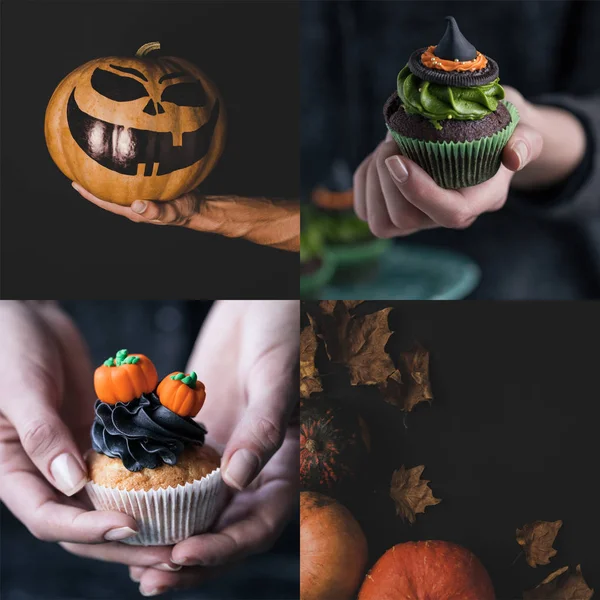 Collage von Menschen mit traditionellen, zu Halloween dekorierten Cupcakes, Kürbissen und Laub — Stockfoto