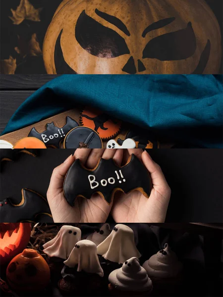 Collage of traditional Halloween decoration and cookies — Stock Photo