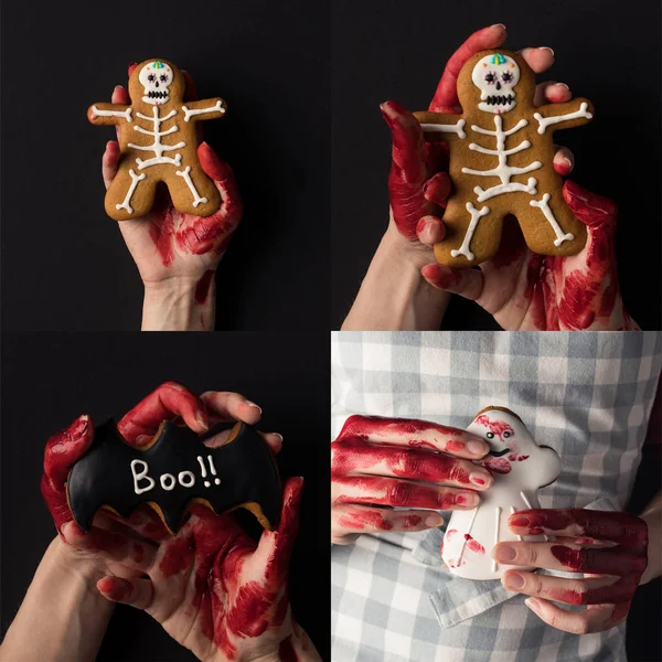 Collage von Menschen mit blutigen Händen, die traditionelle Halloween-Plätzchen halten — Stockfoto