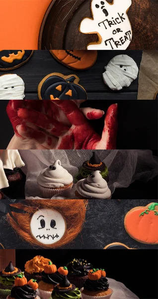 Collage aus traditioneller Halloween-Süßigkeit und blutigen Händen — Stockfoto