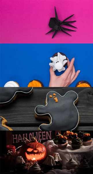 Collage of traditional Halloween decoration and treat — Stock Photo