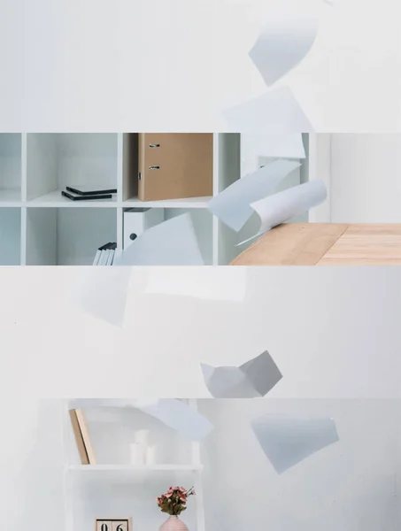 Collage of paper in air in modern white office — Stock Photo