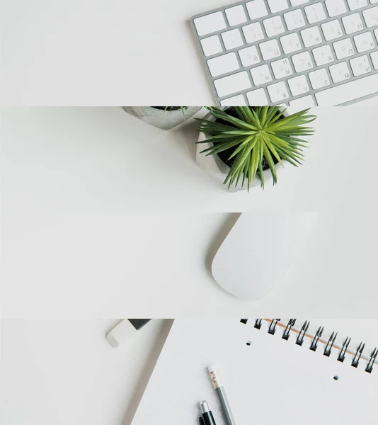 Collage di postazione di lavoro bianca con pianta, mouse del computer e tastiera e taccuino con cancelleria — Foto stock