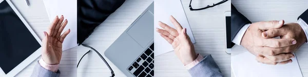 Collage di mani di uomini d'affari sul posto di lavoro con laptop e tablet digitale — Foto stock