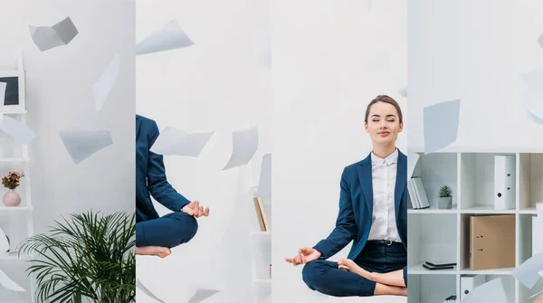 Collage einer jungen Geschäftsfrau mit geschlossenen Augen, die am Arbeitsplatz mit Papier in der Luft meditiert — Stockfoto