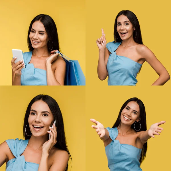 Collage of brunette woman using smartphone, showing different emotions and idea gesture isolated on yellow — Stock Photo