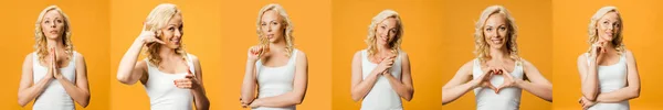 Collage of blonde beautiful young woman showing various emotions and gestures isolated on yellow — Stock Photo