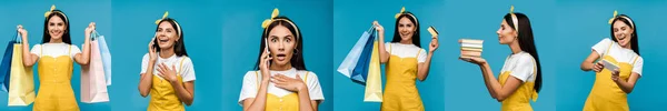 Collage de mujer morena usando smartphone, sosteniendo bolsas de compras y mostrando varias emociones aisladas en azul - foto de stock
