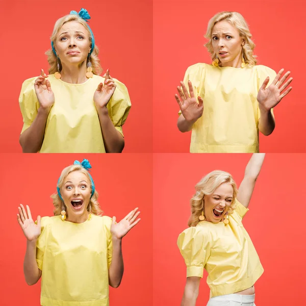 Collage of blonde beautiful young woman in retro outfit showing various emotions and gestures isolated on red — Stock Photo