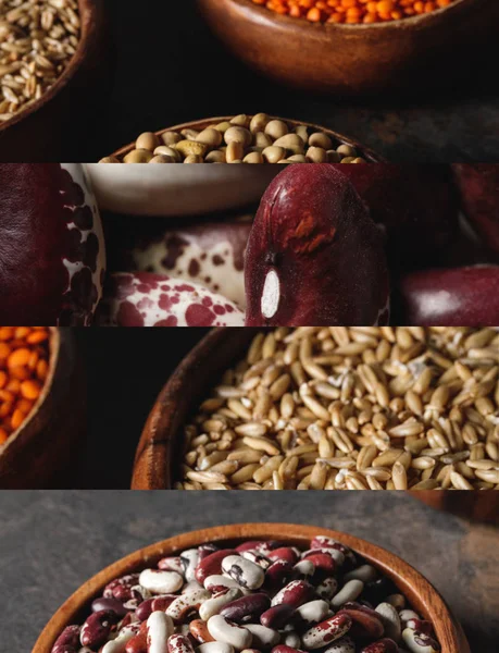 Collage de différentes gruaux de haricots biologiques et non cuits — Photo de stock