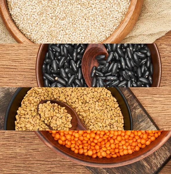 Collage of different raw groats on wooden table — Stock Photo