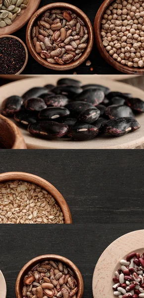 Collage de différentes gruaux et haricots sur fond de bois noir — Photo de stock