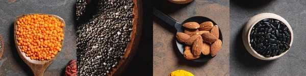 Collage of different groats and almonds on stone surface — Stock Photo