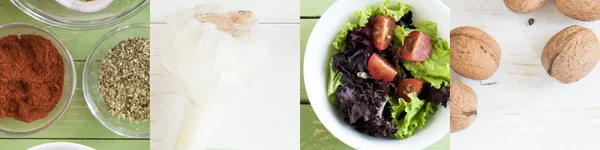 Коллаж из овощного салата, специй, чеснока и грецких орехов на деревянном столе — стоковое фото