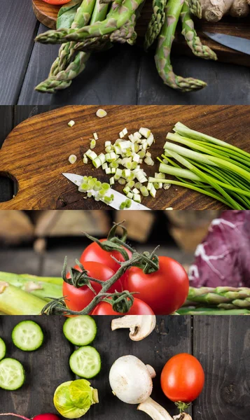 Collage de tomate, espárragos, cebolla verde, champiñones y pepino sobre mesa oscura de madera - foto de stock