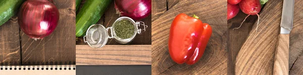 Collage of bell pepper, red onion and cucumber on wooden brown table — Stock Photo