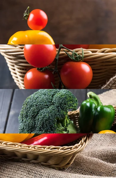 Collage de tomate, brócoli y pimiento en canasta de mimbre cerca de saco sobre mesa oscura de madera - foto de stock