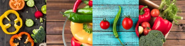 Collage of various fresh and colorful vegetables on wooden table — Stock Photo