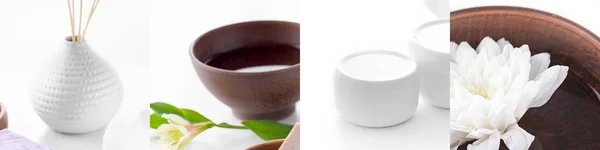 Коллаж спа-принадлежностей и чаша с лотосом на воде на белом фоне — стоковое фото