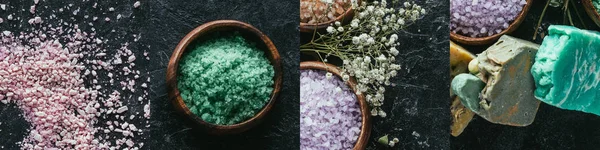 Collage di sale da bagno biologico e sapone colorato su sfondo scuro — Foto stock