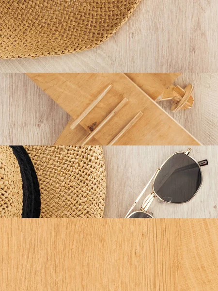 Collage of plane model, straw hat and sunglasses on wooden table, travel concept — Stock Photo