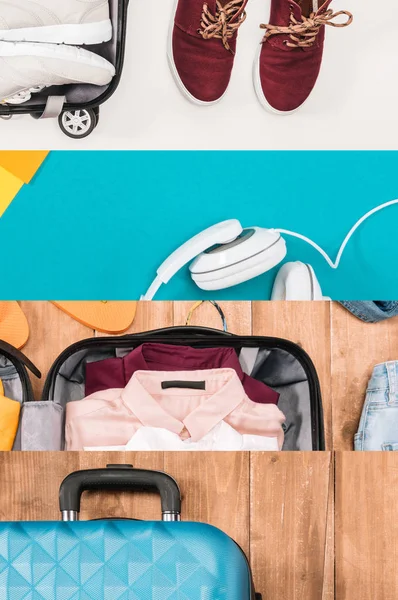 Collage di borse da viaggio, vestiti e cuffie, concetto di viaggio — Foto stock