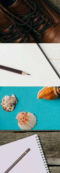 Collage aus Lederstiefeln, leeres Notizbuch mit Bleistift auf Holzgrund und Muscheln auf blauem Hintergrund, Reisekonzept — Stockfoto