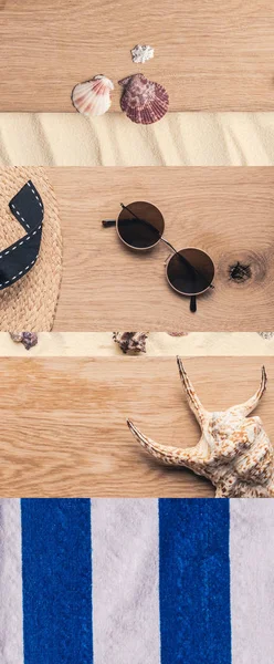 Collage de toalla rayada, gafas de sol, sombrero de paja, conchas marinas sobre fondo de madera y arena, concepto de viaje - foto de stock