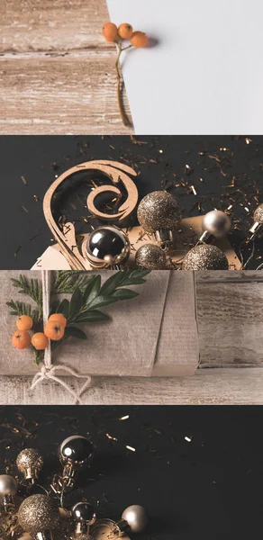 Collage de rústico paño marrón con espino cerval de mar y adornos, decoración navideña - foto de stock